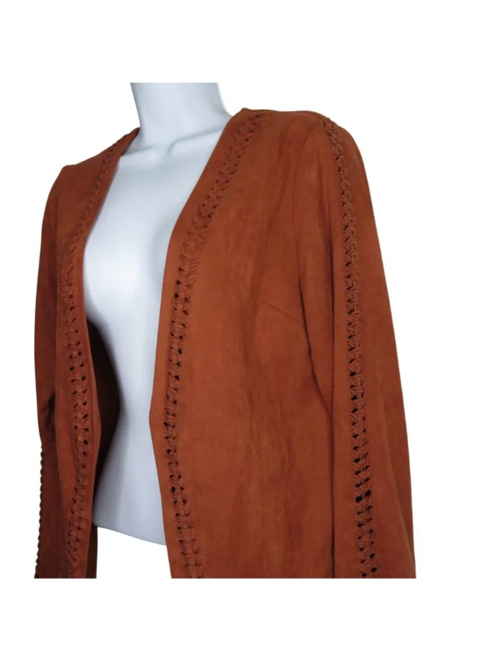 Gianni Bini Rust Faux Suede Open Front Jacket Intricate Braided Trim Long Sleeve